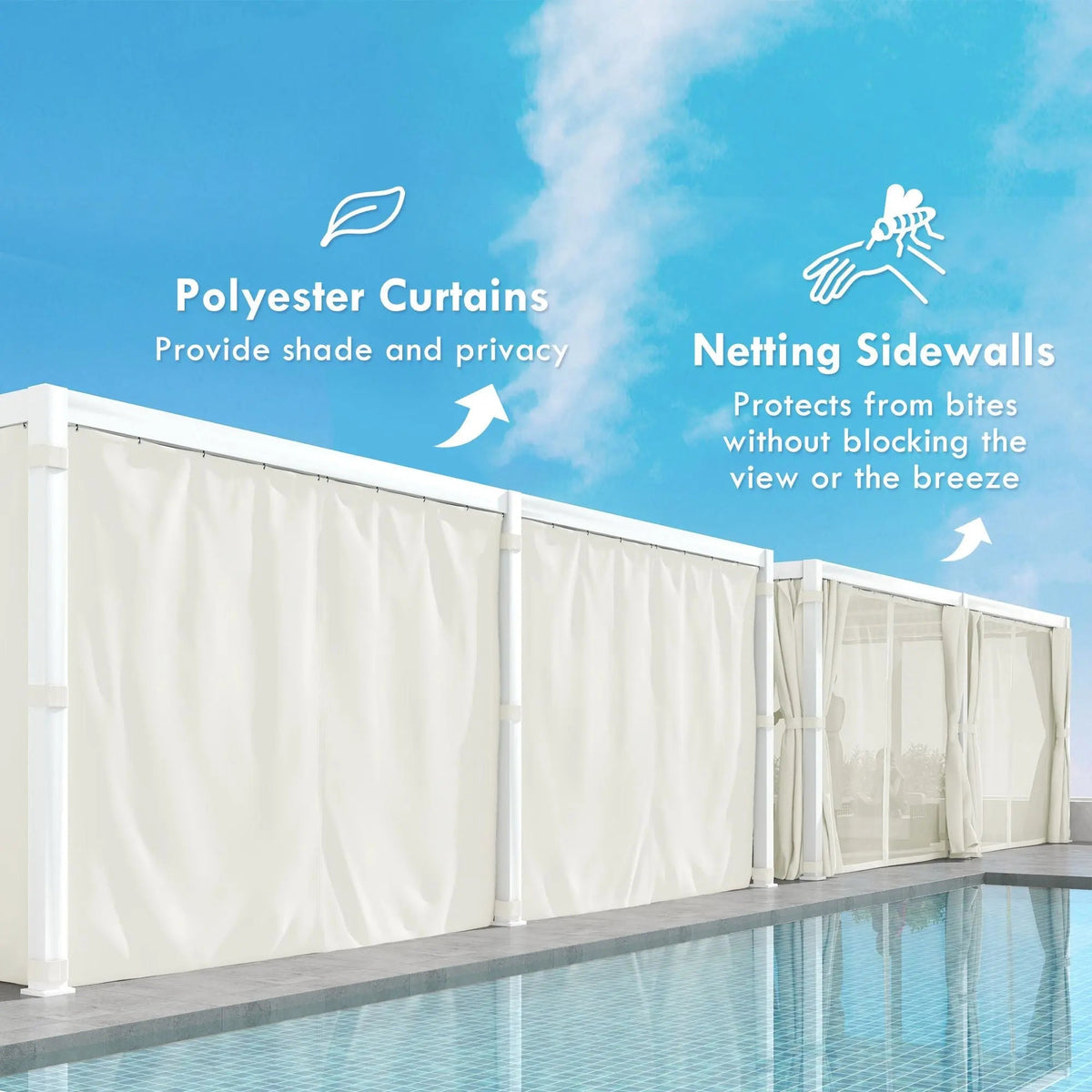 12' x 19' Aluminum Pergola, 2 Adjustable Louvred Roofs, Curtains & Nettings, UV-Fighting & Waterproof, DOBA-PC1219