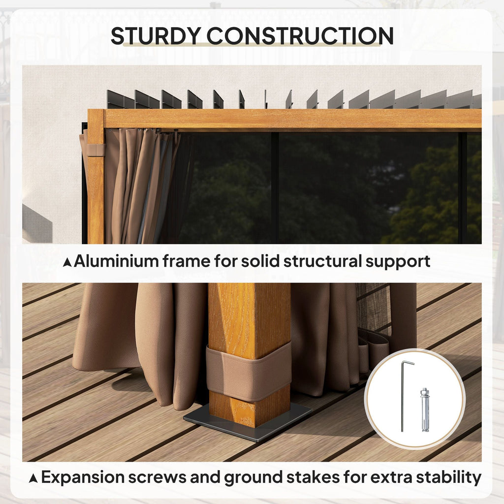 10' x 13' Adjustable Louvered Aluminum Pergola with Canopy, Curtains & Netting, Natural Wood, Outsunny, DOBA-PG1013B