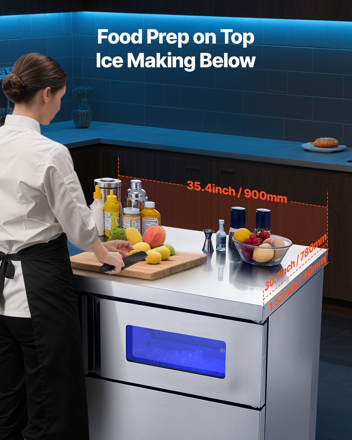 265 lbs/24H Commercial Ice Maker, Stainless Steel with Worktop, 66 lbs Storage & 126 Cubes per Cycle, Self-Cleaning Freestanding Design, DOBA-IM265