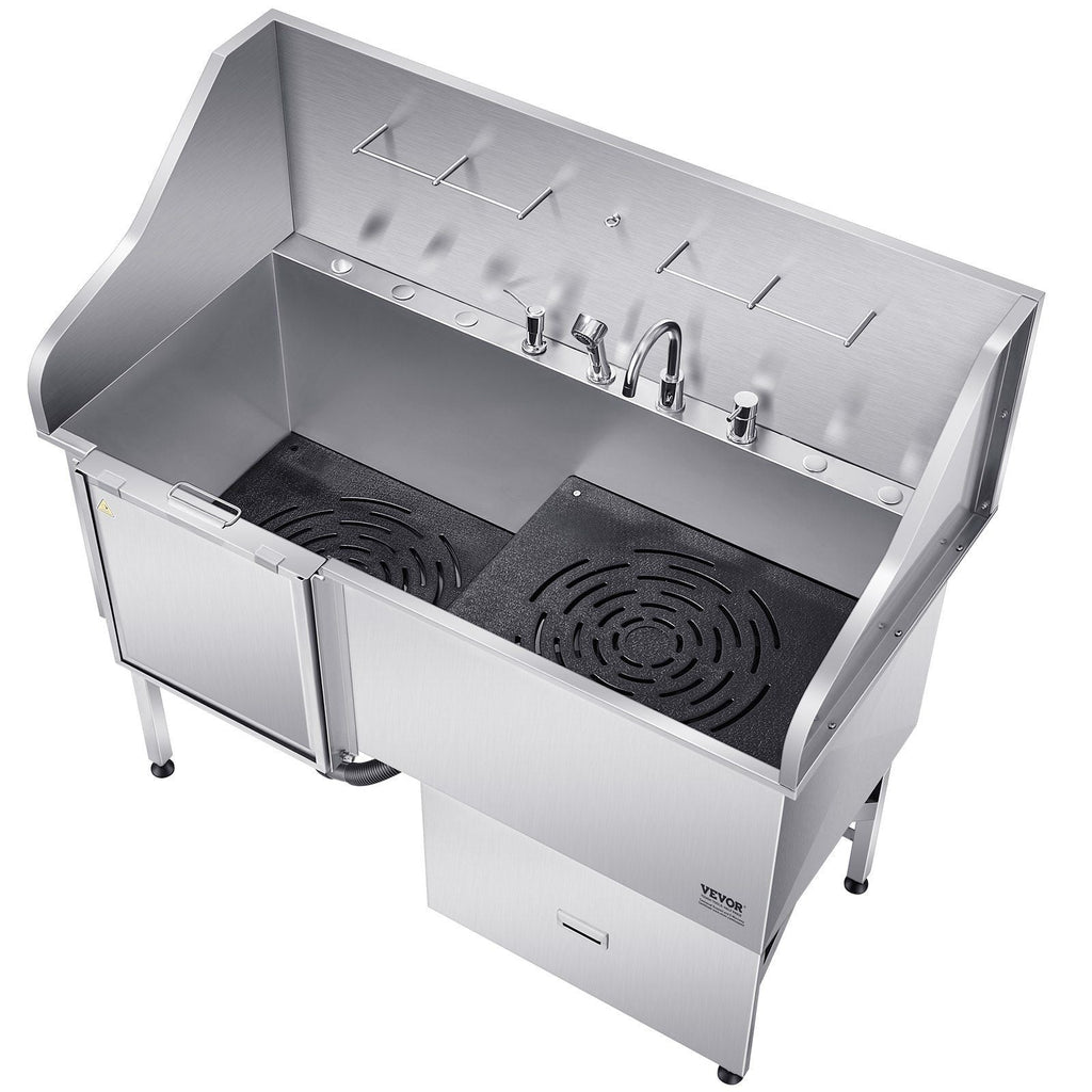 61" Stainless Steel Dog Grooming Bath Tub, Built-in Ramp & Water Filter, Left-Side Faucet Setup, DOBA-DT61L