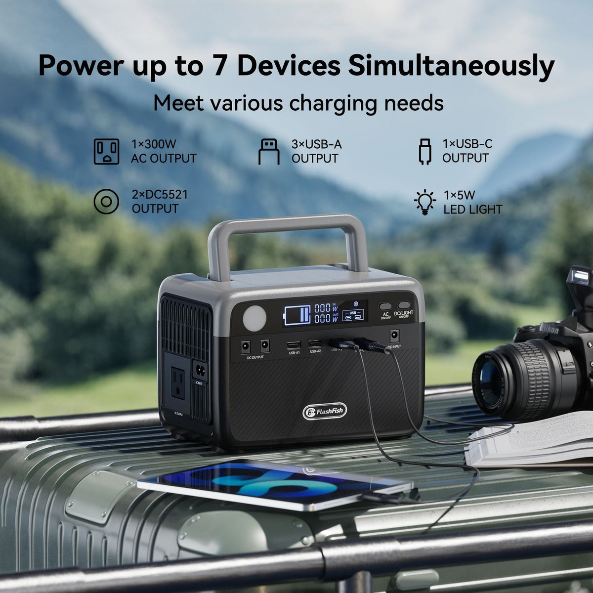300W Portable Power Station with 60W Solar Panel, LiFePO4 Generator, FlashFish, DOBA-PS300