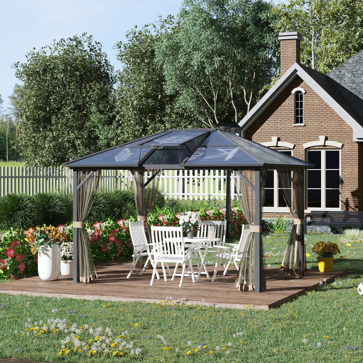 10' x 12' Hardtop Gazebo with Polycarbonate Roof & Netting, Gray, DOBA-GZ1012
