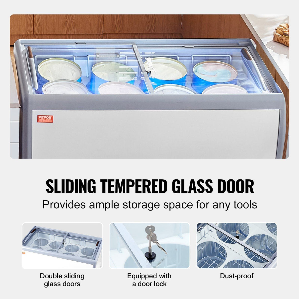 VEVOR Commercial Ice Cream Display Case, 13.1 Cu.ft Chest Freezer, Mobile Glass Top Deep Freezer, Restaurant Gelato Dipping Cabinet with 8 Large Tubs, 2 Sliding Glass Doors, Locking Casters, White