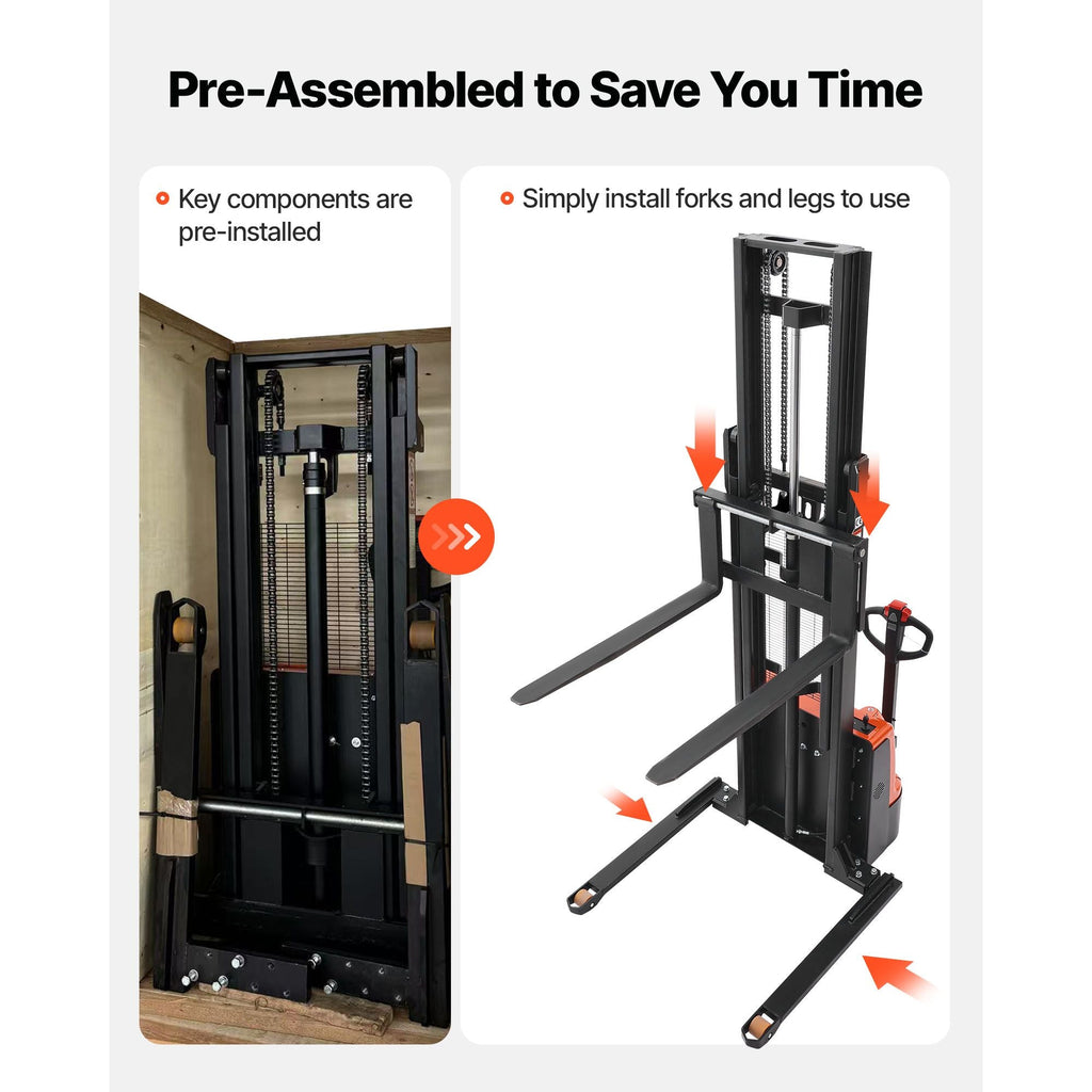 Full Electric Pallet Stacker, 3300 lbs Capacity, Pallet Lift Stacker Forklift with Straddle Legs & Forks, 127.6 Inches Lifting Height & 8.66-31.1 Inches Adjustable Fork Width, Orange & Black