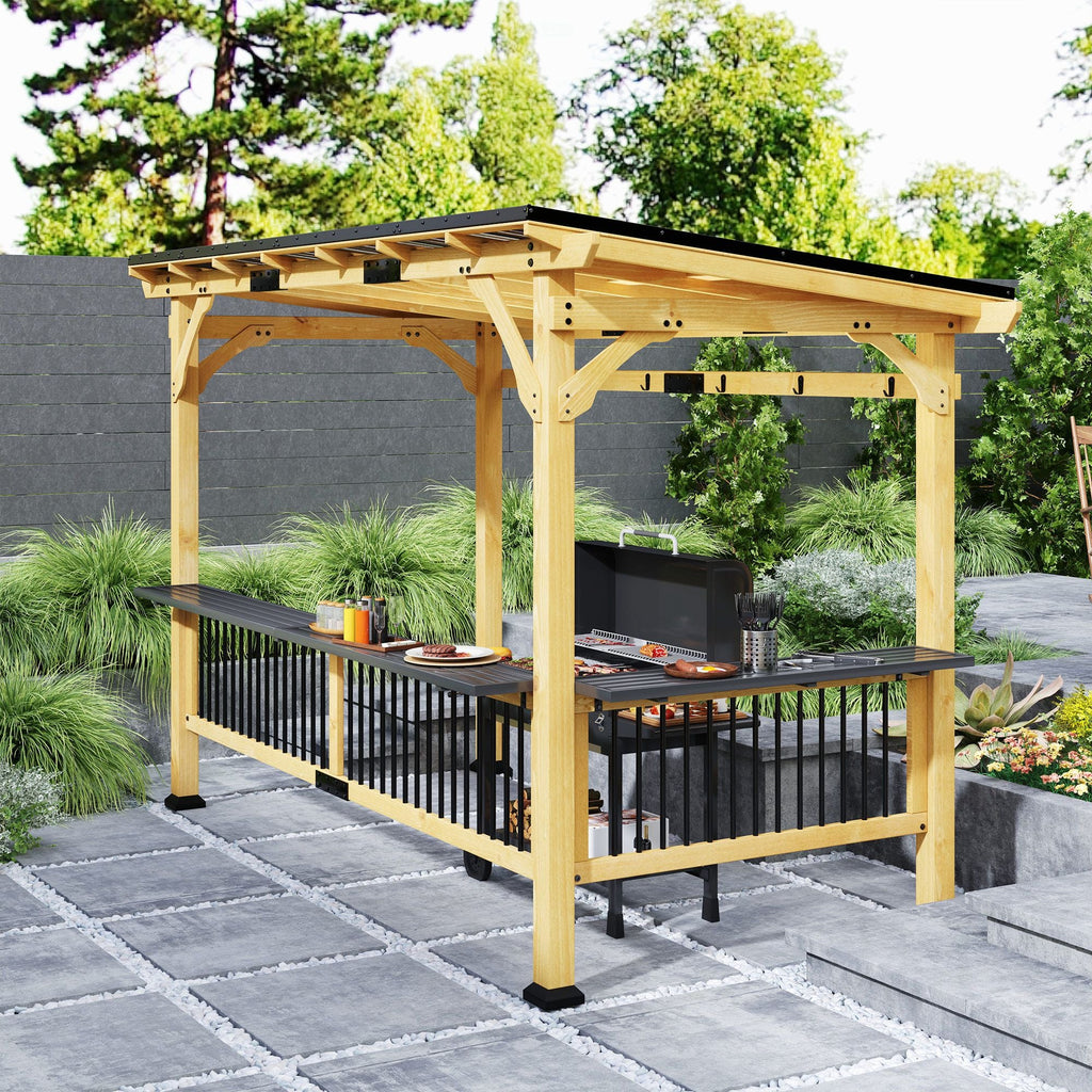 13' x 6' Wooden BBQ Grill Gazebo with Metal Hardtop Roof, Bar Shelves & Hooks, Natural, DOBA-GZ136