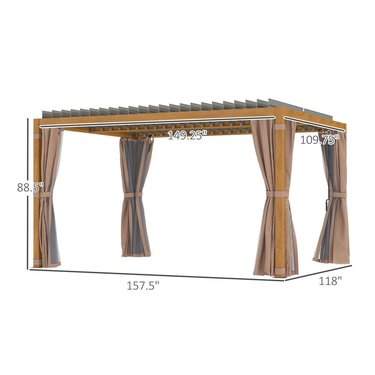 10' x 13' Adjustable Louvered Aluminum Pergola with Canopy, Curtains & Netting, Natural Wood, Outsunny, DOBA-PG1013B