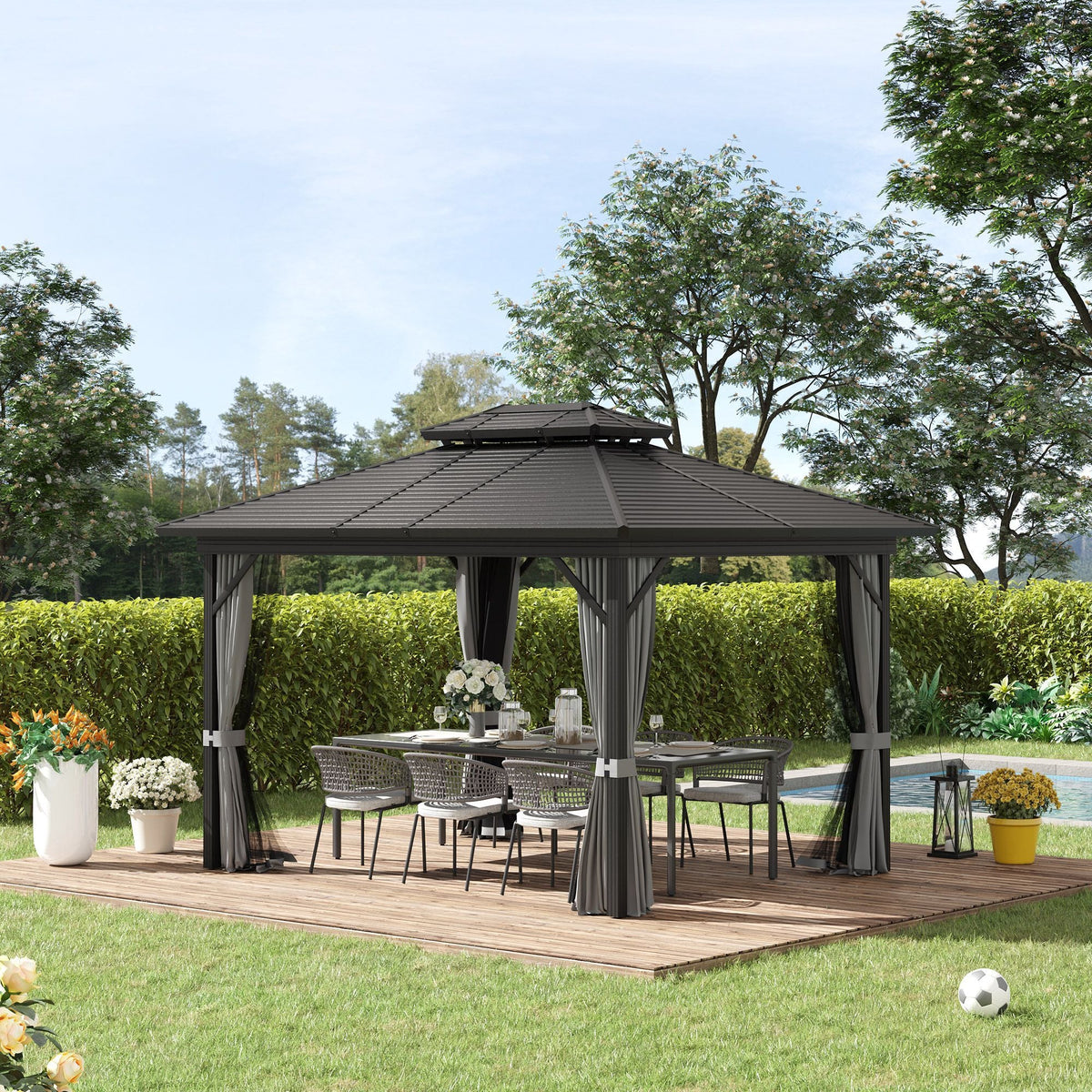 10' x 12' Hardtop Metal Gazebo with Curtains & Netting, Aluminum Frame, Outsunny, DOBA-GZ1012G