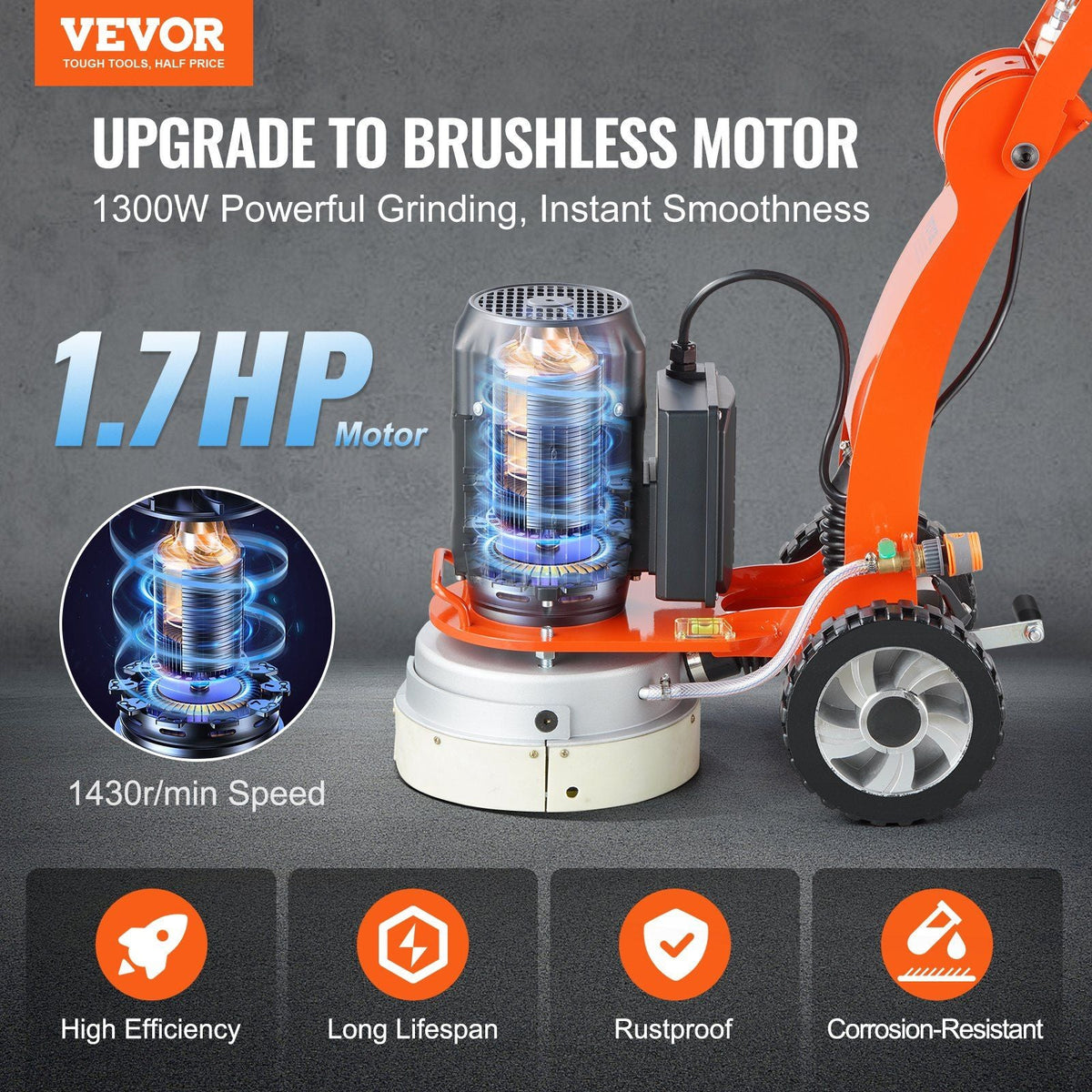 10" Electric Concrete Floor Grinder 1.7HP 1720RPM Brushless, Wet & Dry, VEVOR, DOBA-CG1017