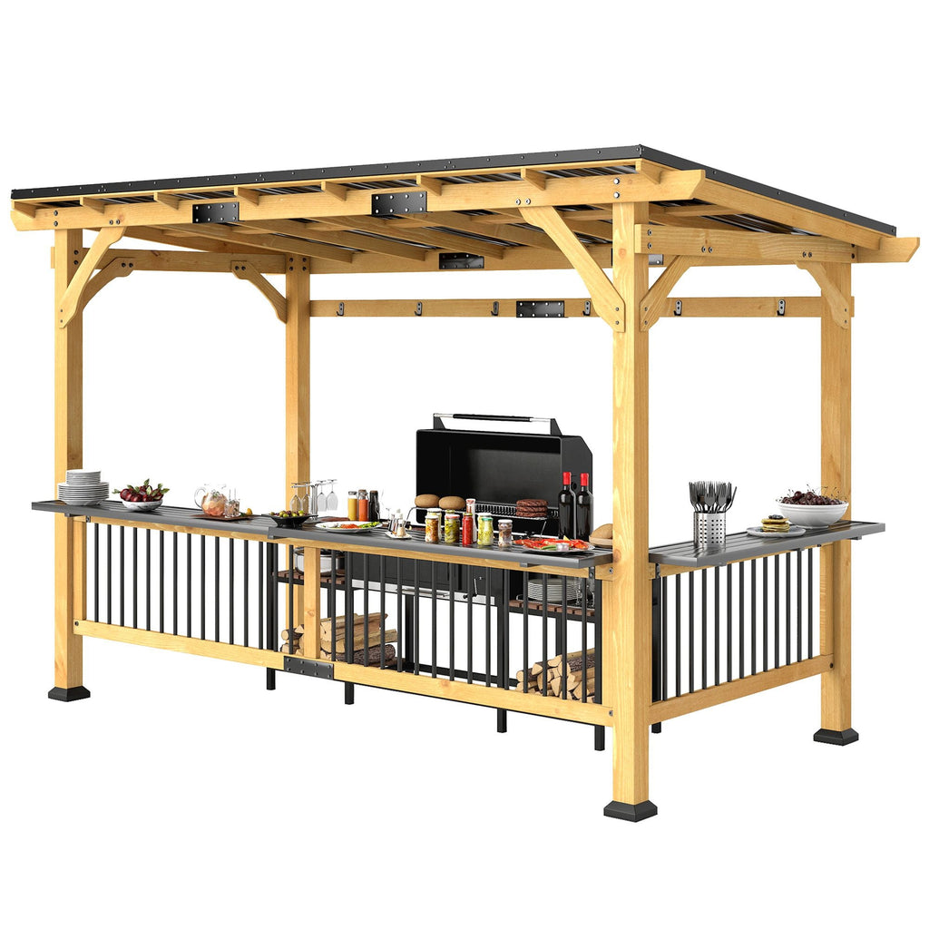 13' x 6' Wooden BBQ Grill Gazebo with Metal Hardtop Roof, Bar Shelves & Hooks, Natural, DOBA-GZ136