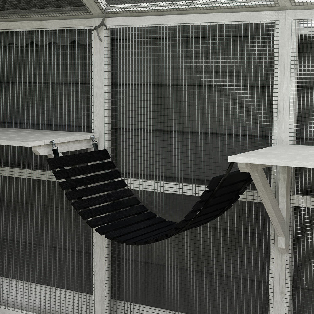 110" Wooden Outdoor Catio with Waterproof Cover, 2 Condos & 6 Platforms, White, DOBA-CAT110W