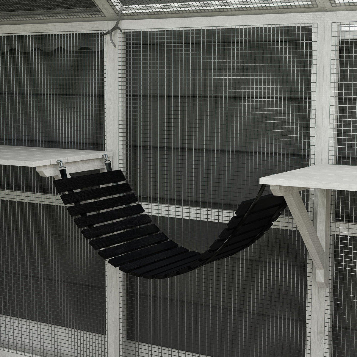 110" Wooden Outdoor Catio with Waterproof Cover, 2 Condos & 6 Platforms, White, DOBA-CAT110W