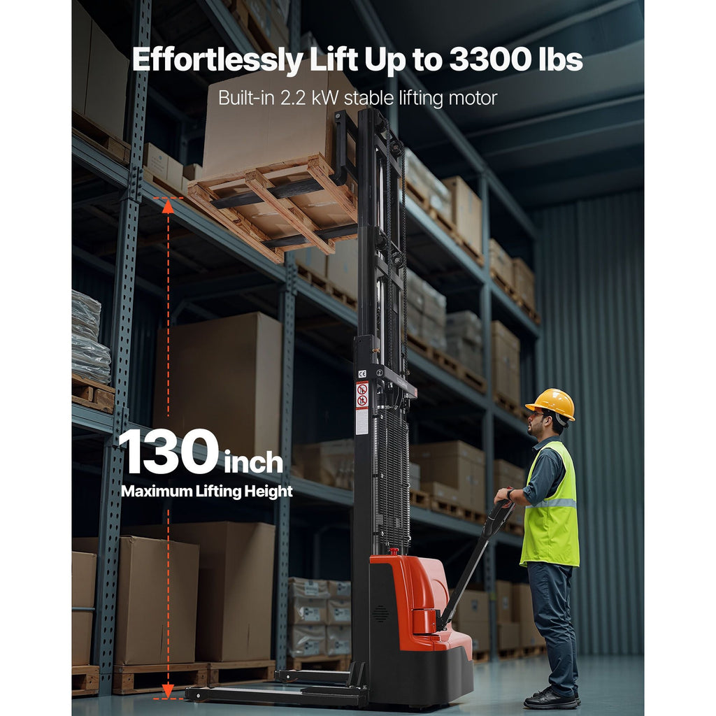 Full Electric Pallet Stacker, 3300 lbs Capacity, Pallet Lift Stacker Forklift with Straddle Legs & Forks, 127.6 Inches Lifting Height & 8.66-31.1 Inches Adjustable Fork Width, Orange & Black