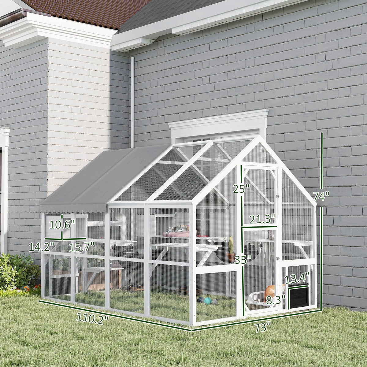 110" Wooden Outdoor Catio with Waterproof Cover, 2 Condos & 6 Platforms, White, DOBA-CAT110W