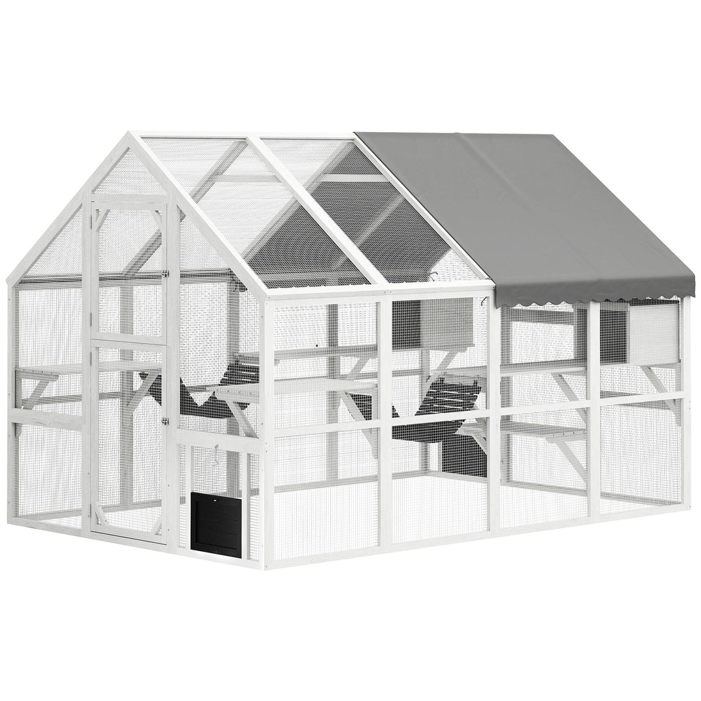 110" Wooden Outdoor Catio with Waterproof Cover, 2 Condos & 6 Platforms, White, DOBA-CAT110W