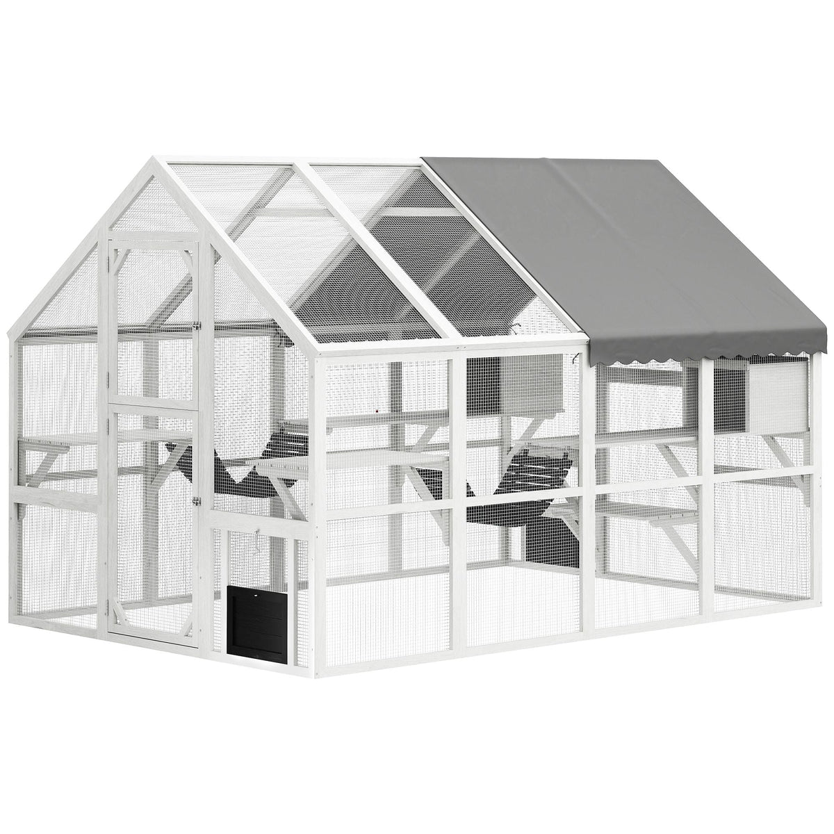 110" Wooden Outdoor Catio with Waterproof Cover, 2 Condos & 6 Platforms, White, DOBA-CAT110W