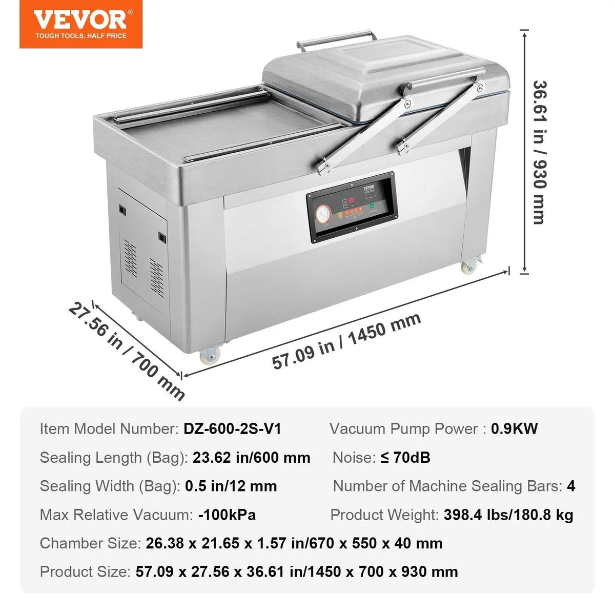 23.62" Sealing Length Chamber Vacuum Sealer, 1200W, Ideal for Wet Foods & Meats, Compact Design for Home & Commercial Use, DOBA-VS23