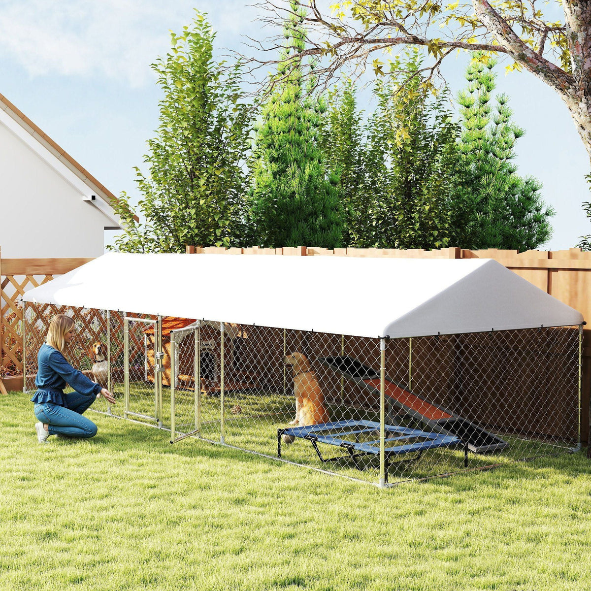 19.7' x 7.5' Two-Room Outdoor Dog Kennel with Roof & Secure Lock, PawHut, DOBA-DK20TR