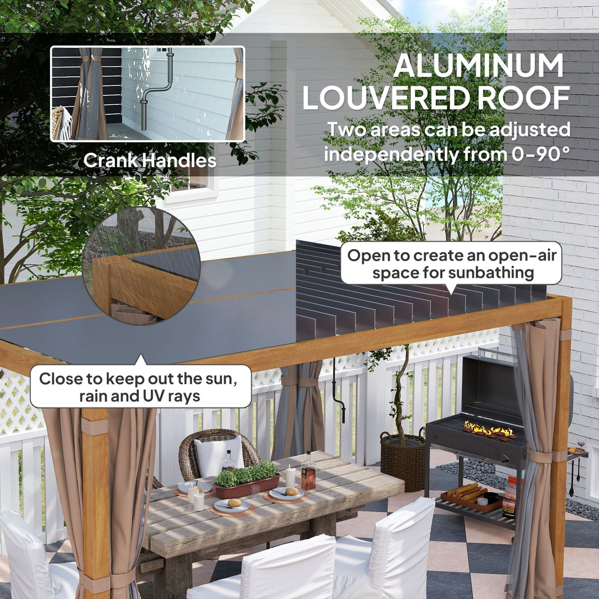 10' x 13' Adjustable Louvered Aluminum Pergola with Canopy, Curtains & Netting, Natural Wood, Outsunny, DOBA-PG1013B