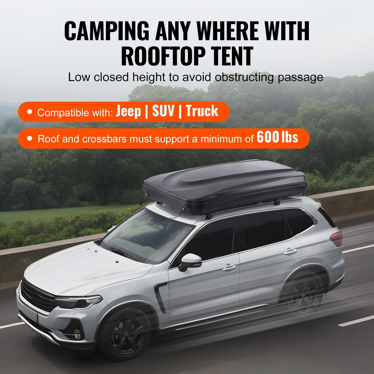 Hard Shell Rooftop Tent 2–3 Person with Ladder, ABS Shell Waterproof Camping Tent for SUV & Truck, VEVOR, DOBA-RTT23ABS