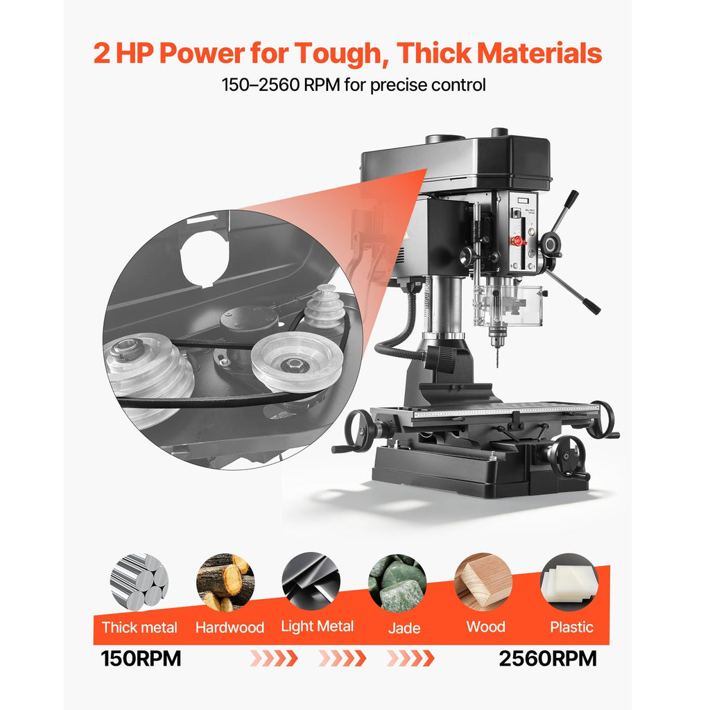15.875-Inch Mill Drill Machine, 2 HP, Benchtop Milling Drill Press, 150-2560 RPM Adjustable Speed, with Rotating Vise, Laser and Work Light, Milling Drilling Machine, for Woodworking Light Metal