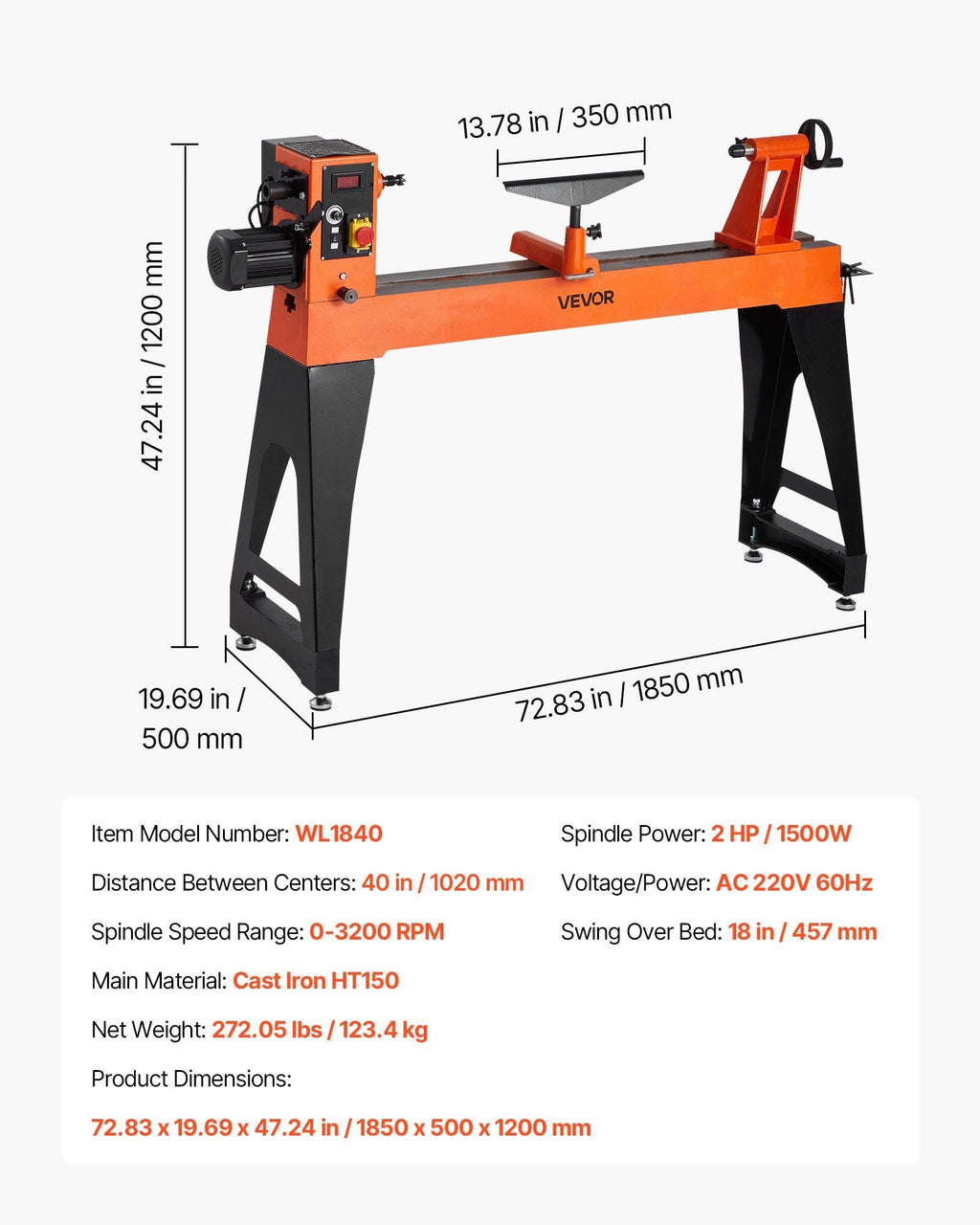 2 HP Woodworking Lathe with Variable Speed 0–3200 RPM, VEVOR, DOBA-LT1840