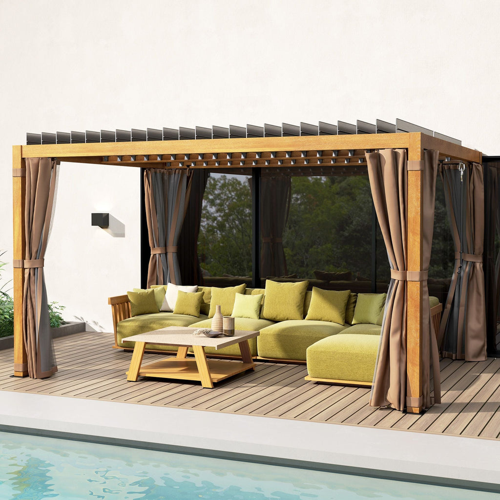 10' x 13' Adjustable Louvered Aluminum Pergola with Canopy, Curtains & Netting, Natural Wood, Outsunny, DOBA-PG1013B