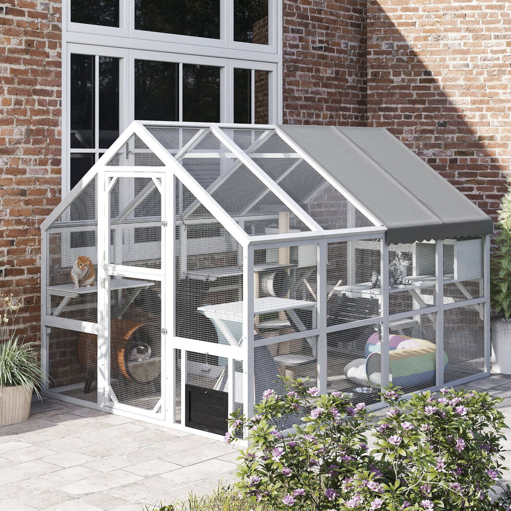 110" Wooden Outdoor Catio with Waterproof Cover, 2 Condos & 6 Platforms, White, DOBA-CAT110W