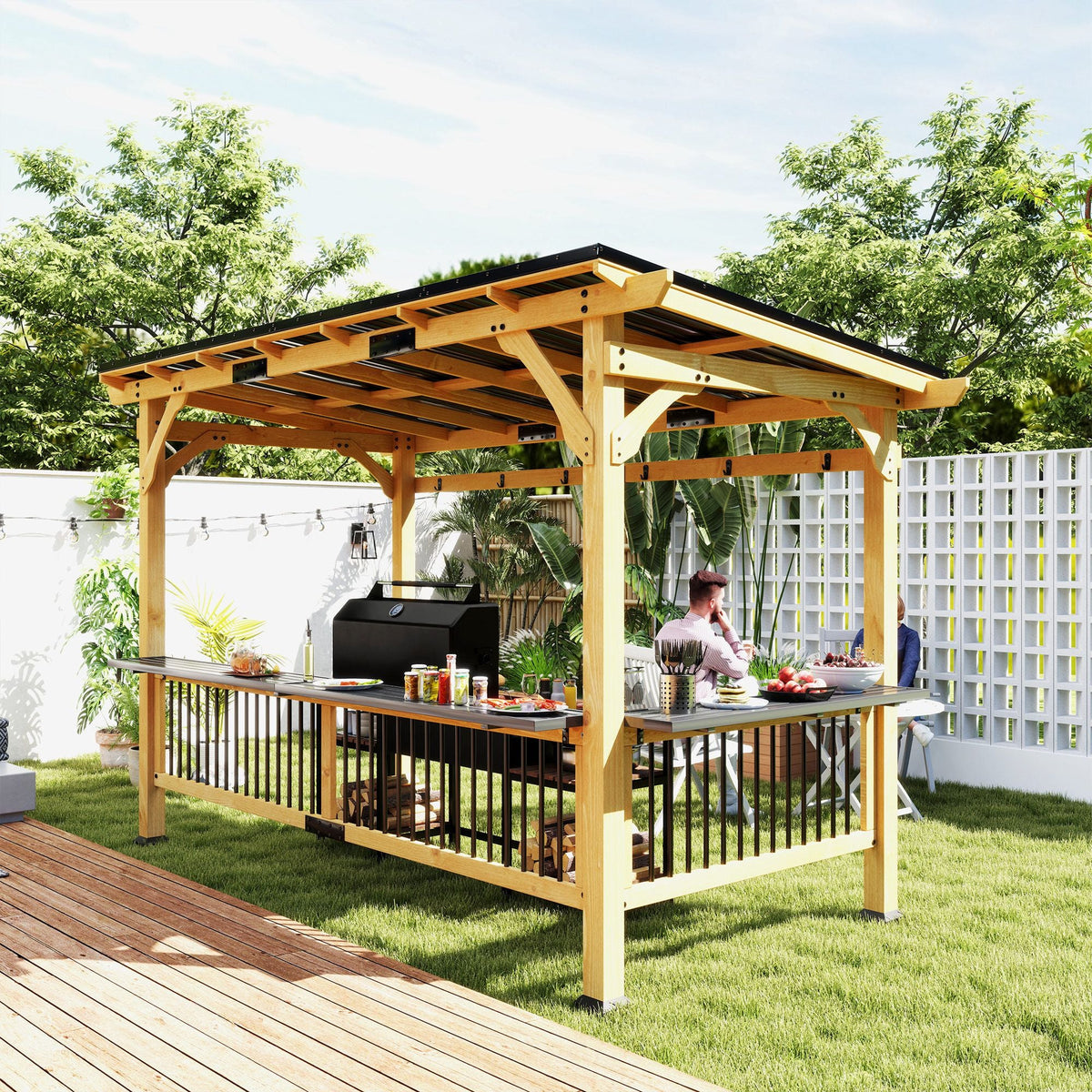 13' x 6' Wooden BBQ Grill Gazebo with Metal Hardtop Roof, Bar Shelves & Hooks, Natural, DOBA-GZ136