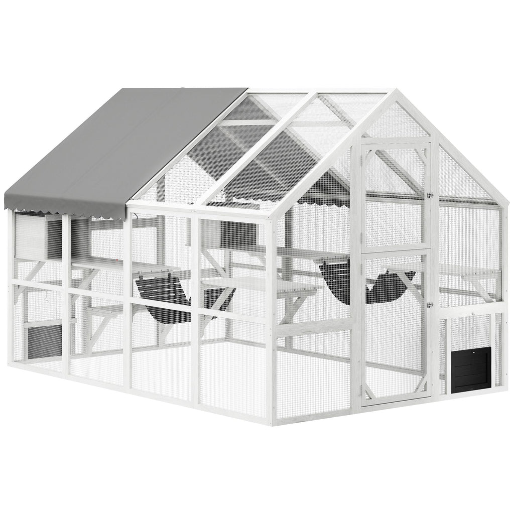 110" Wooden Outdoor Catio with Waterproof Cover, 2 Condos & 6 Platforms, White, DOBA-CAT110W