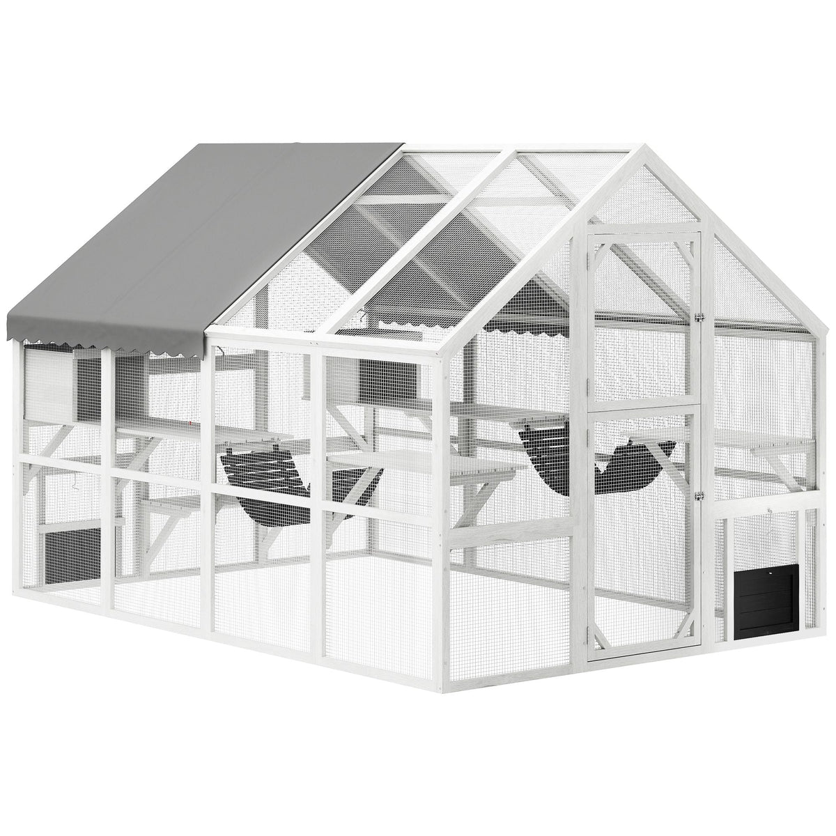 110" Wooden Outdoor Catio with Waterproof Cover, 2 Condos & 6 Platforms, White, DOBA-CAT110W