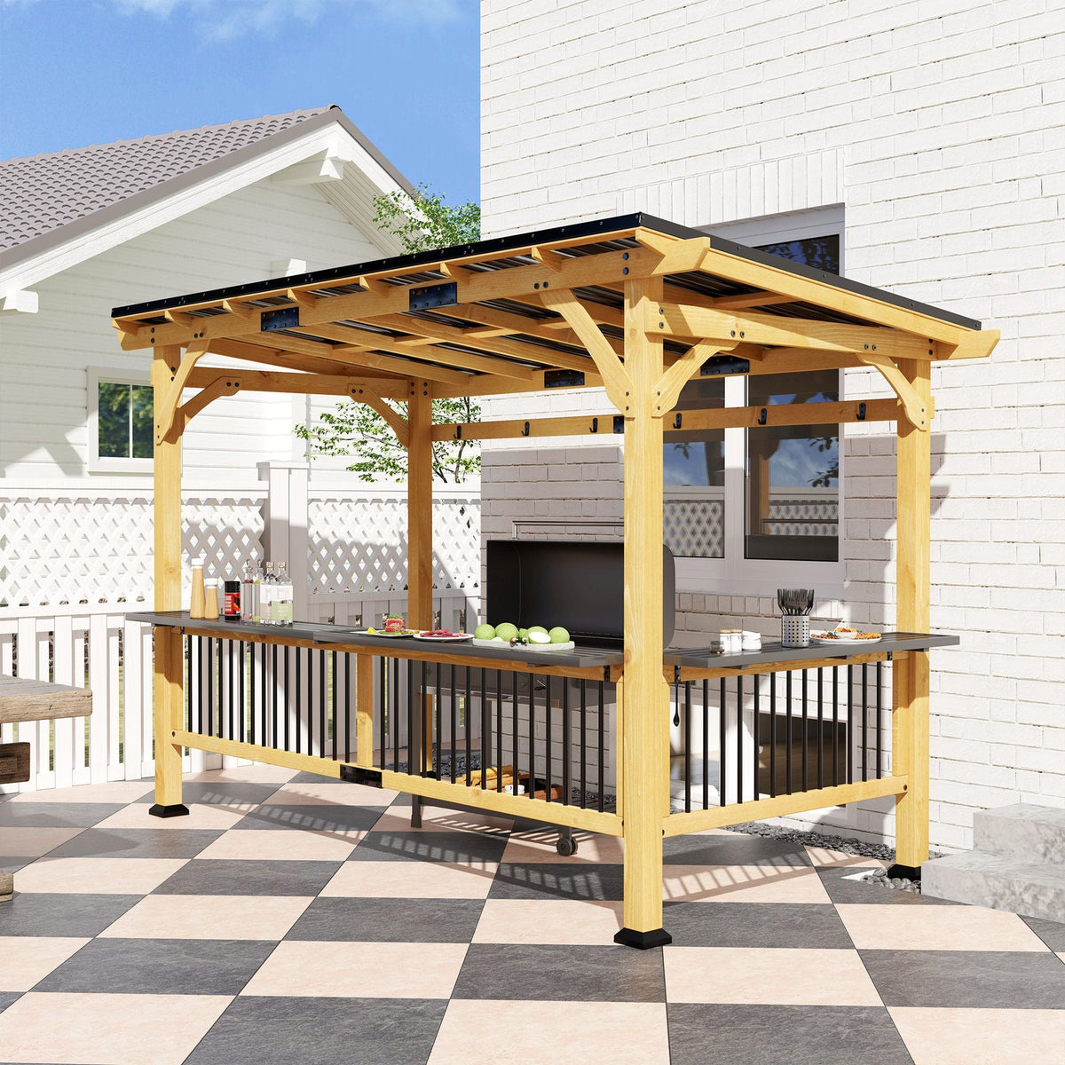 13' x 6' Wooden BBQ Grill Gazebo with Metal Hardtop Roof, Bar Shelves & Hooks, Natural, DOBA-GZ136
