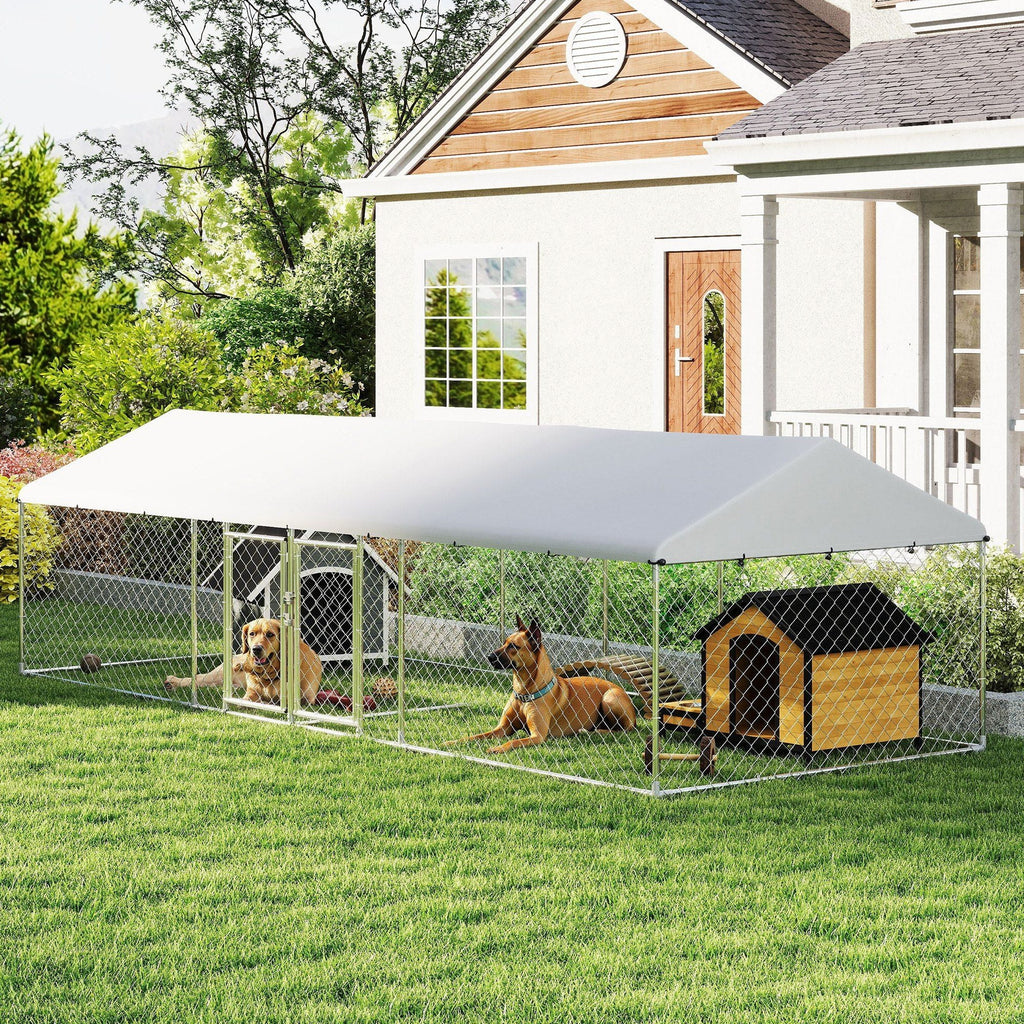 19.7' x 7.5' Two-Room Outdoor Dog Kennel with Roof & Secure Lock, PawHut, DOBA-DK20TR