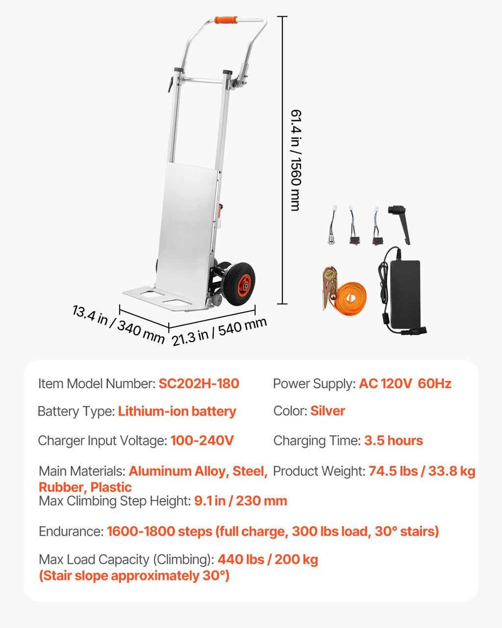 Electric Stair Climbing Dolly 440 lb Capacity with Rechargeable Battery, VEVOR, DOBA-ED440