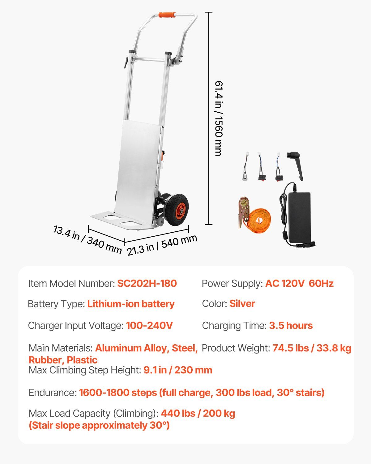Electric Stair Climbing Dolly 440 lb Capacity with Rechargeable Battery, VEVOR, DOBA-ED440
