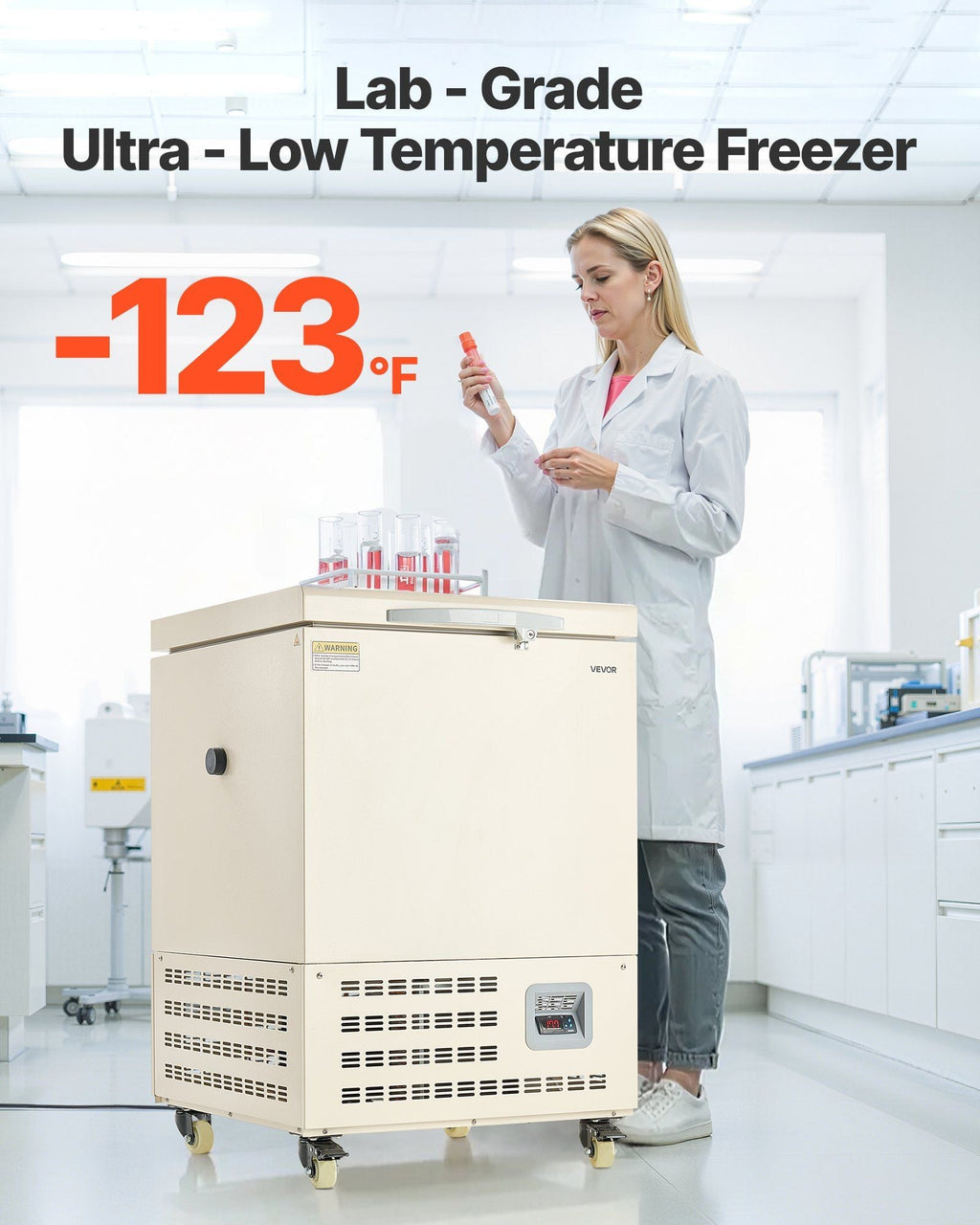 58L Ultra Low Temperature Freezer, −40°F to −123°F Adjustable Range, 304 Stainless Steel Liner, Digital Display with Rollers, DOBA-LF58