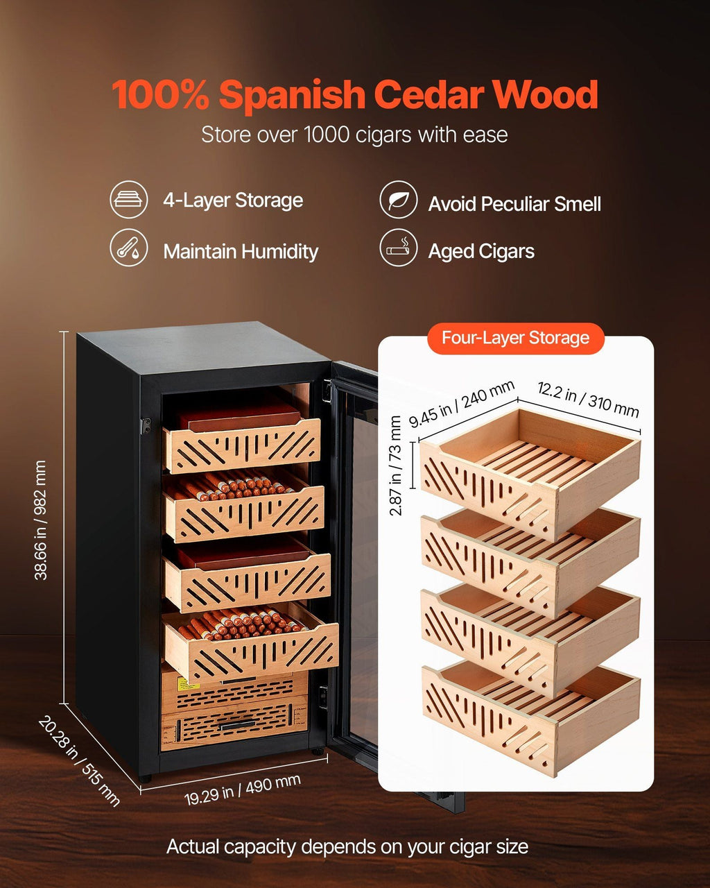 VEVOR Electric Humidor, 105L, 1000 Counts Electric Cigar Humidor Cabinet with Compressor Cooling, Constant Humidity & Temperature Control, Spanish Cedar Wood Shelves & Drawers, 4 Layers, for Household