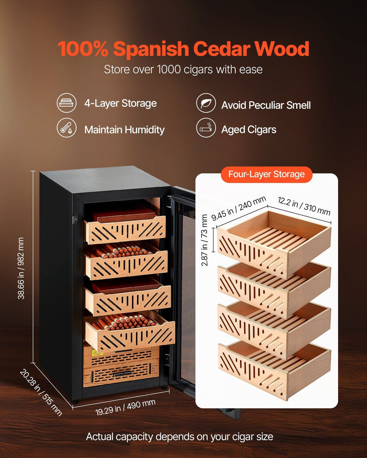 VEVOR Electric Humidor, 105L, 1000 Counts Electric Cigar Humidor Cabinet with Compressor Cooling, Constant Humidity & Temperature Control, Spanish Cedar Wood Shelves & Drawers, 4 Layers, for Household