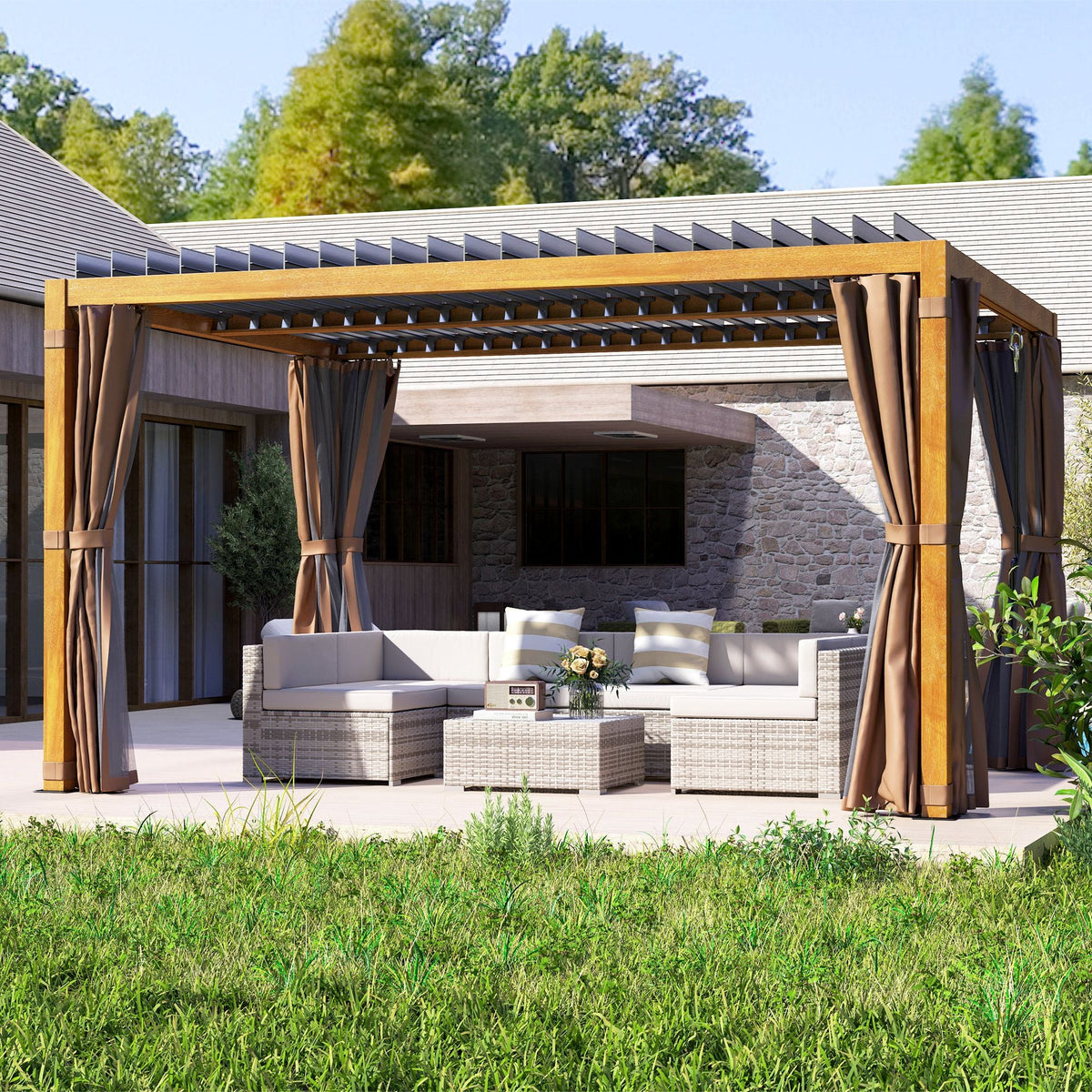 10' x 13' Adjustable Louvered Aluminum Pergola with Canopy, Curtains & Netting, Natural Wood, Outsunny, DOBA-PG1013B