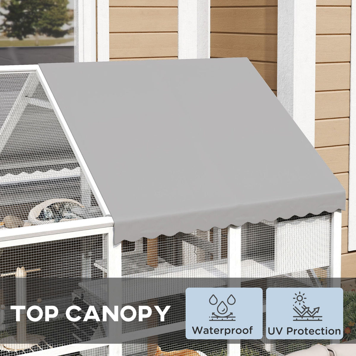 110" Wooden Outdoor Catio with Waterproof Cover, 2 Condos & 6 Platforms, White, DOBA-CAT110W