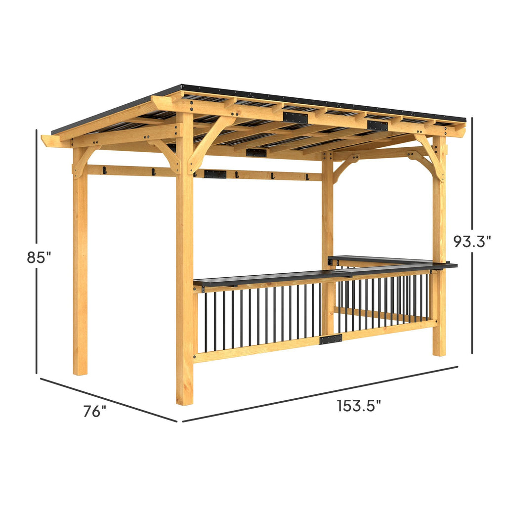 13' x 6' Wooden BBQ Grill Gazebo with Metal Hardtop Roof, Bar Shelves & Hooks, Natural, DOBA-GZ136