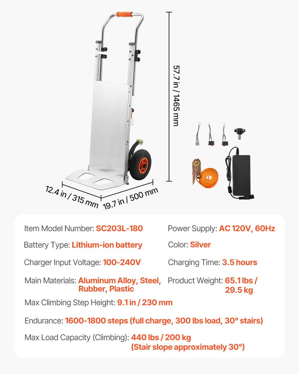 Electric Stair Climbing Dolly 440 lb Capacity with Brushless Motor & Adjustable Handle, VEVOR, DOBA-ESCD440L