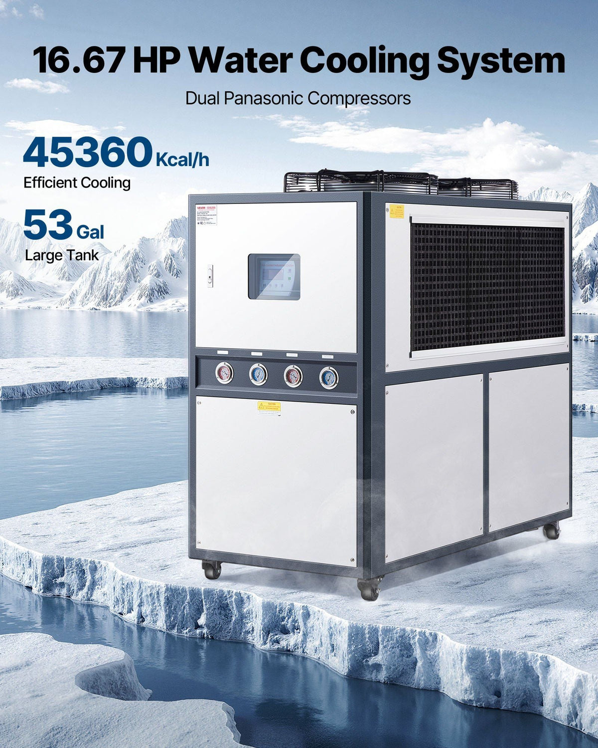 Air-Cooled Industrial Water Chiller 16.67 HP Dual Compressor 45,360 Kcal/h, 53 Gal Tank, VEVOR, DOBA-WC1667