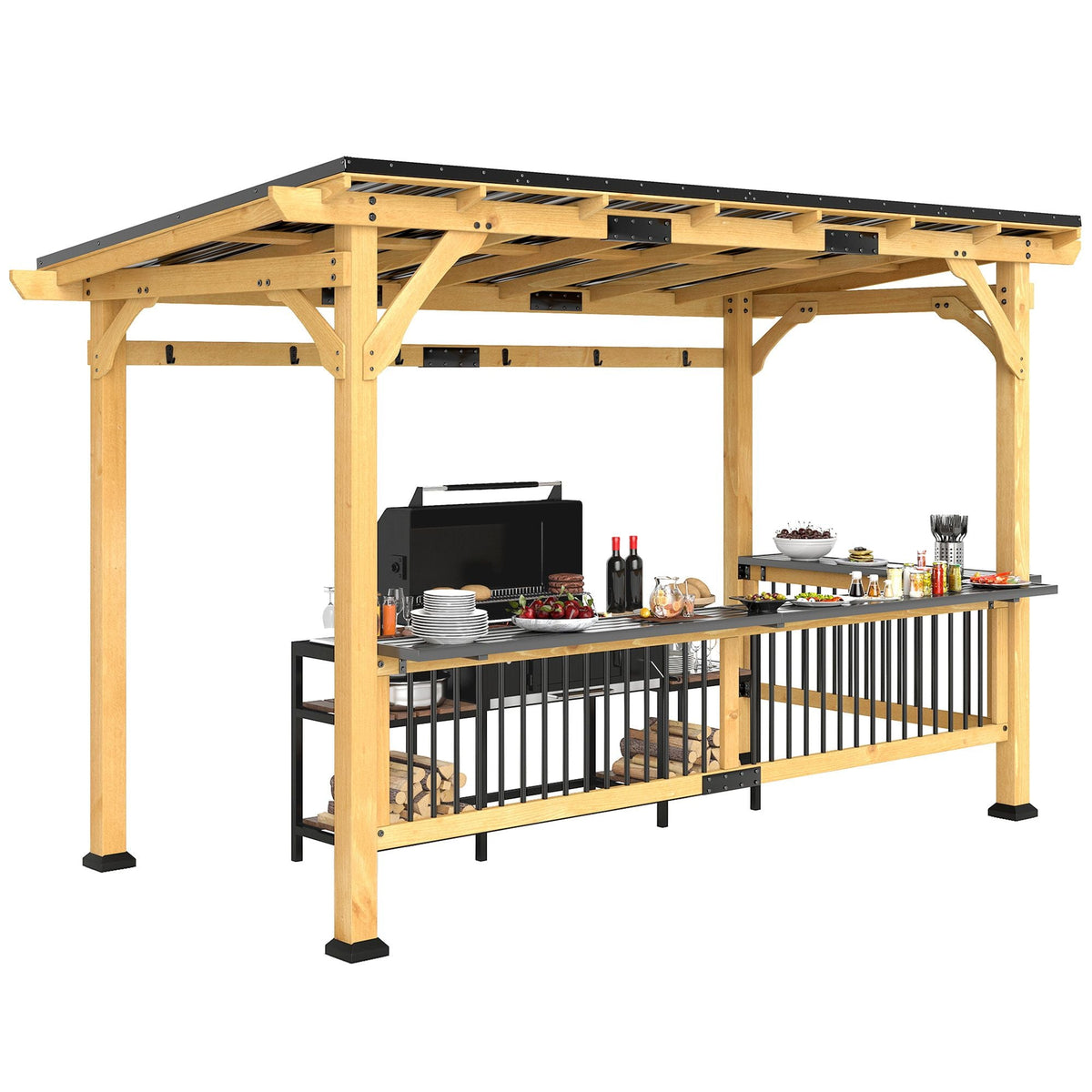 13' x 6' Wooden BBQ Grill Gazebo with Metal Hardtop Roof, Bar Shelves & Hooks, Natural, DOBA-GZ136
