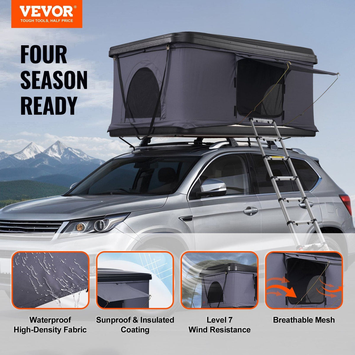 Hard Shell Rooftop Tent 2–3 Person with Ladder, ABS Shell Waterproof Camping Tent for SUV & Truck, VEVOR, DOBA-RTT23ABS
