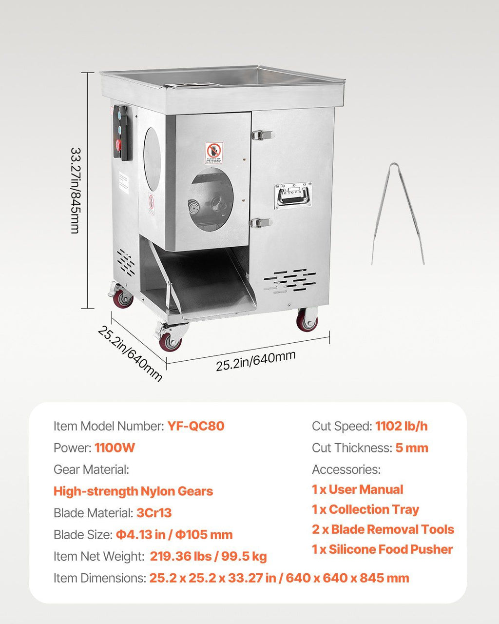 1100W Meat Cutter Machine, 1102 lb/h Capacity, 5 mm Stainless Steel Blades, Commercial Electric Meat Slicer, DOBA-MC1100