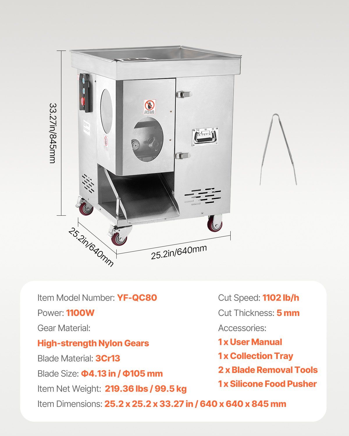 1100W Meat Cutter Machine, 1102 lb/h Capacity, 5 mm Stainless Steel Blades, Commercial Electric Meat Slicer, DOBA-MC1100