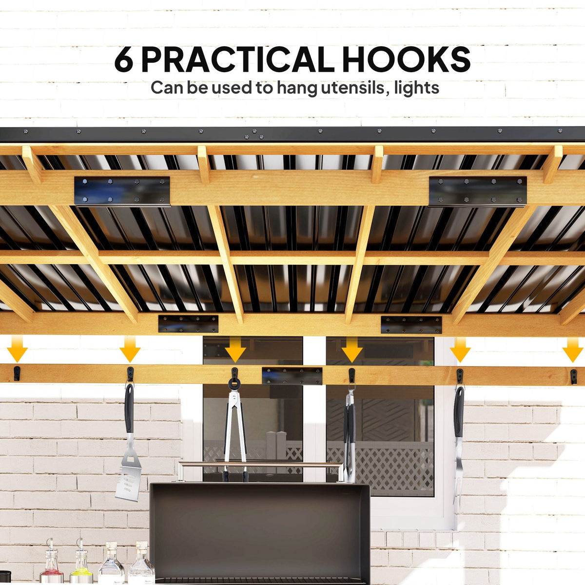 13' x 6' Wooden BBQ Grill Gazebo with Metal Hardtop Roof, Bar Shelves & Hooks, Natural, DOBA-GZ136