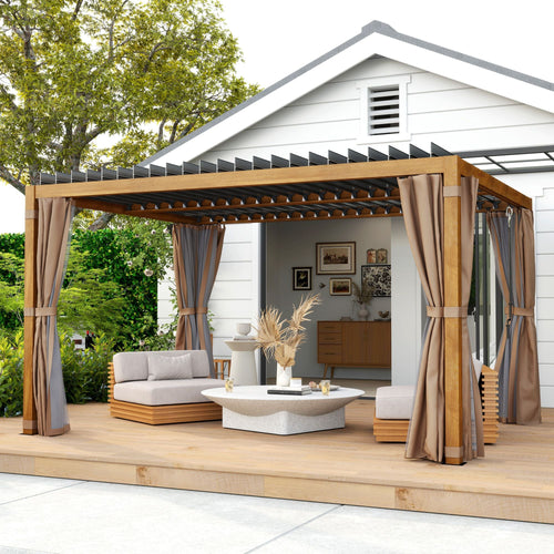 10' x 13' Adjustable Louvered Aluminum Pergola with Canopy, Curtains & Netting, Natural Wood, Outsunny, DOBA-PG1013B