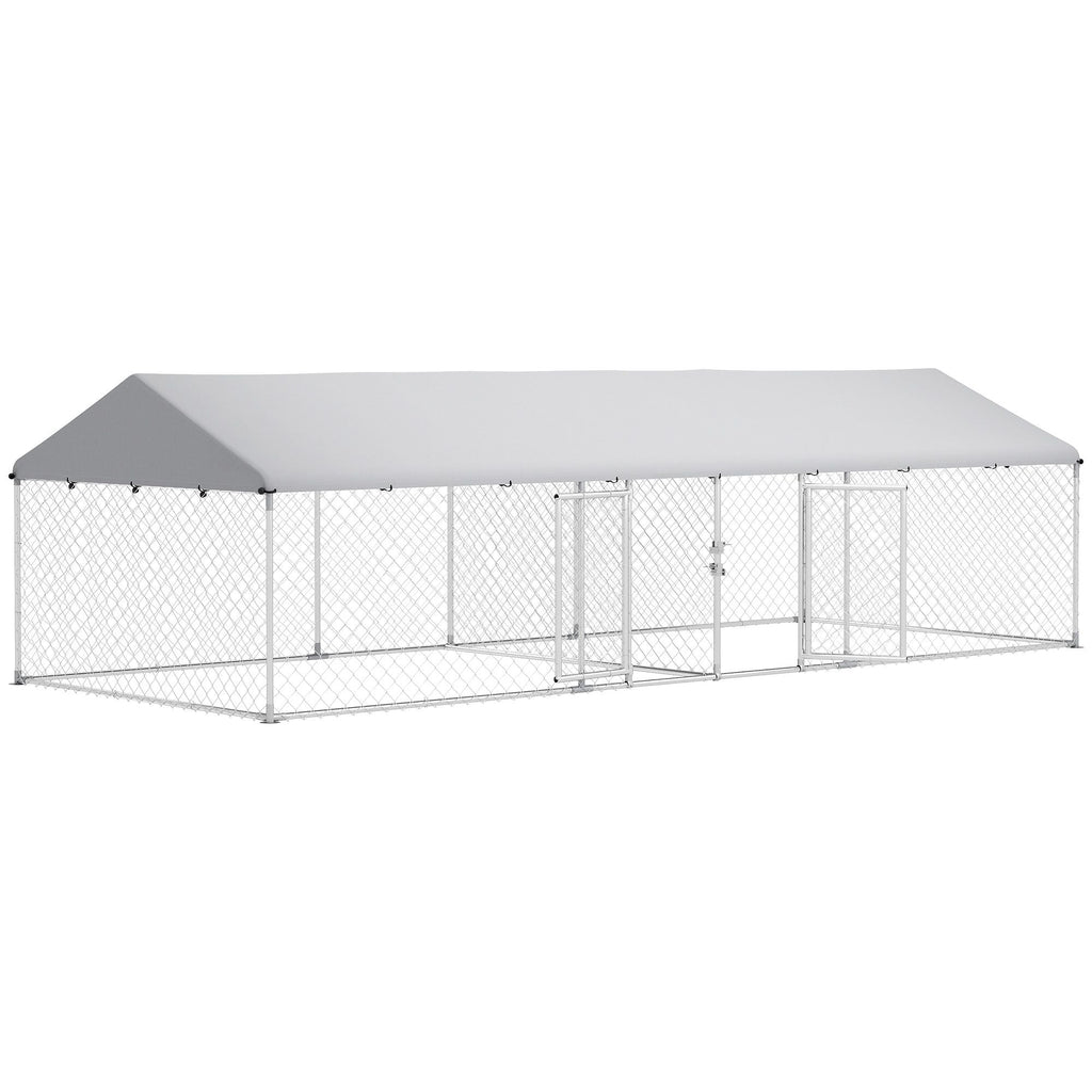 19.7' x 7.5' Two-Room Outdoor Dog Kennel with Roof & Secure Lock, PawHut, DOBA-DK20TR