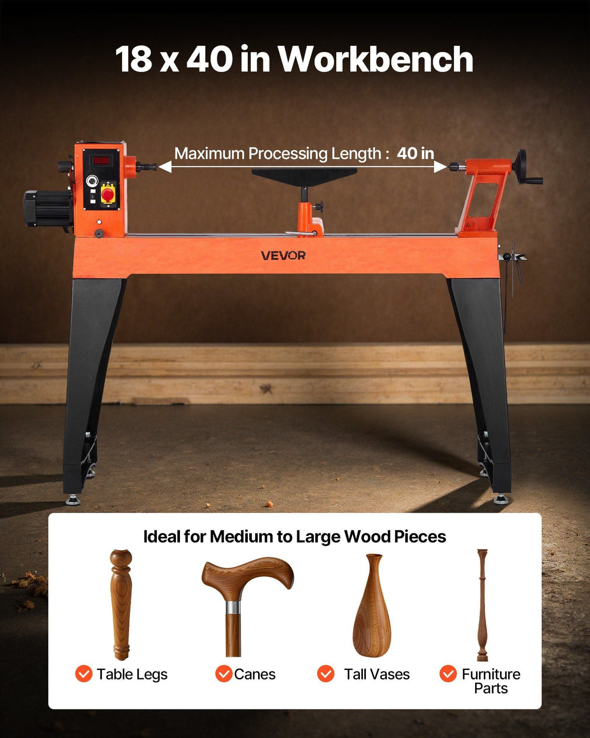 2 HP Woodworking Lathe with Variable Speed 0–3200 RPM, VEVOR, DOBA-LT1840